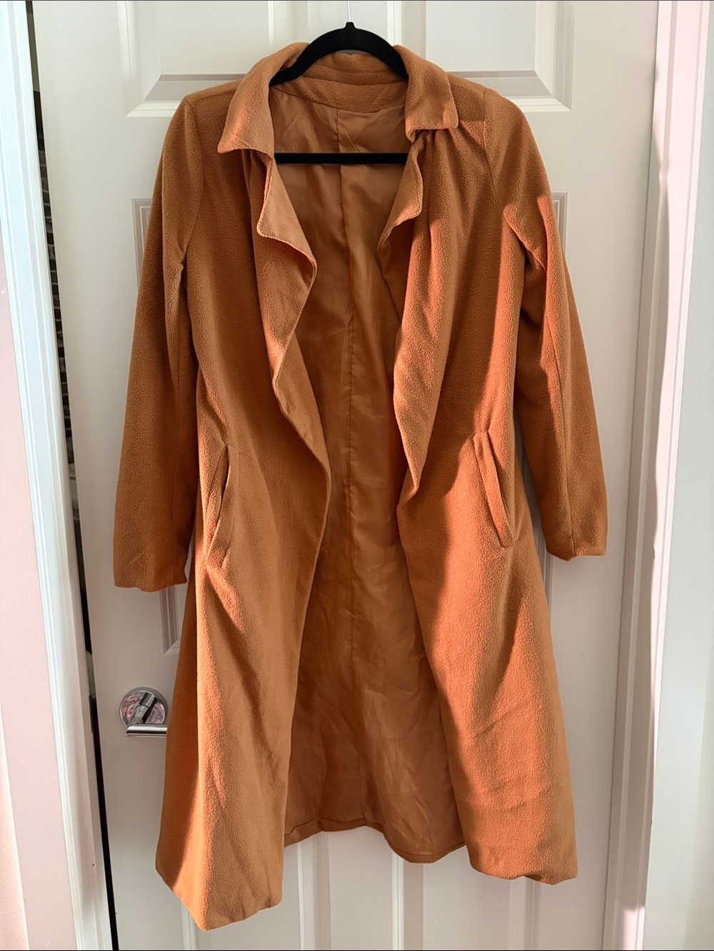 Women's Long Open-Front Trench Coat - Camel